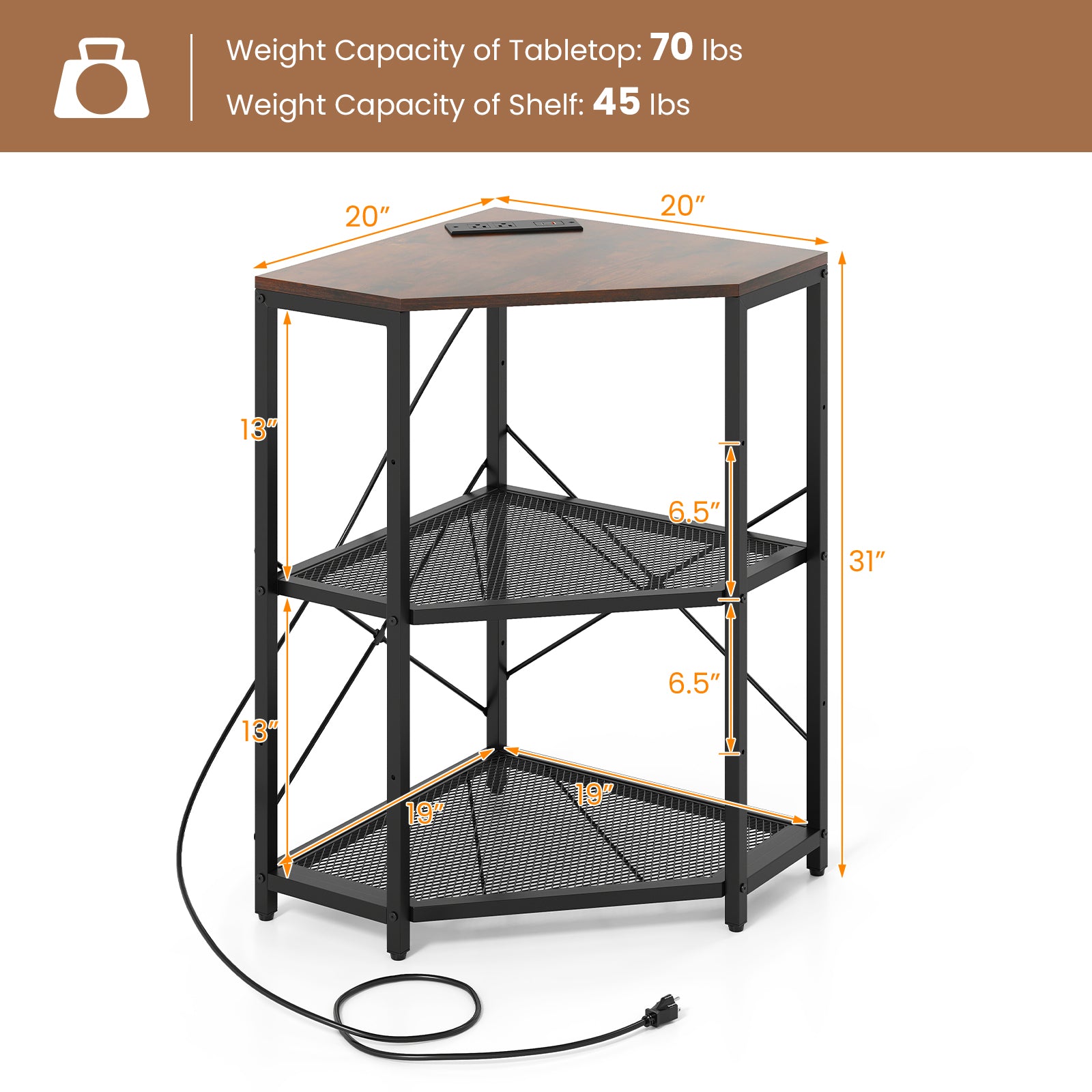 Corner Printer Stand with Power Outlet 3-Tier Storage Rack with Adjustable Shelf, Rustic Brown Laptop Tables & Printer Stands at Gallery Canada