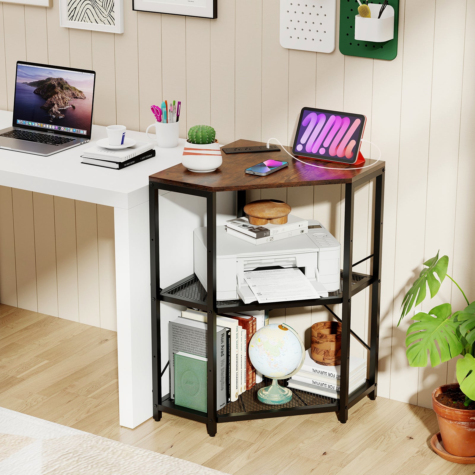 Corner Printer Stand with Power Outlet 3-Tier Storage Rack with Adjustable Shelf, Rustic Brown Laptop Tables & Printer Stands at Gallery Canada