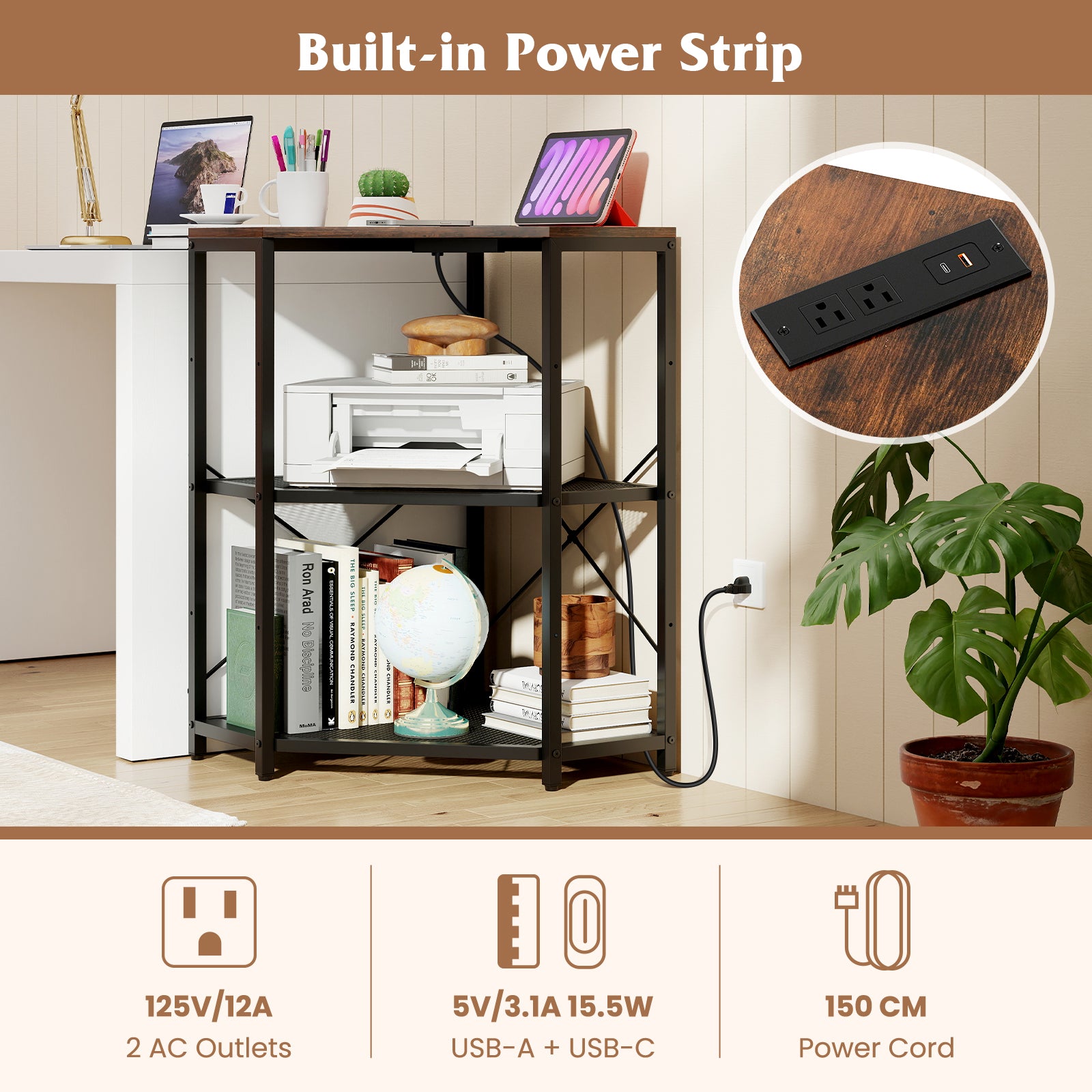 Corner Printer Stand with Power Outlet 3-Tier Storage Rack with Adjustable Shelf, Rustic Brown Laptop Tables & Printer Stands at Gallery Canada