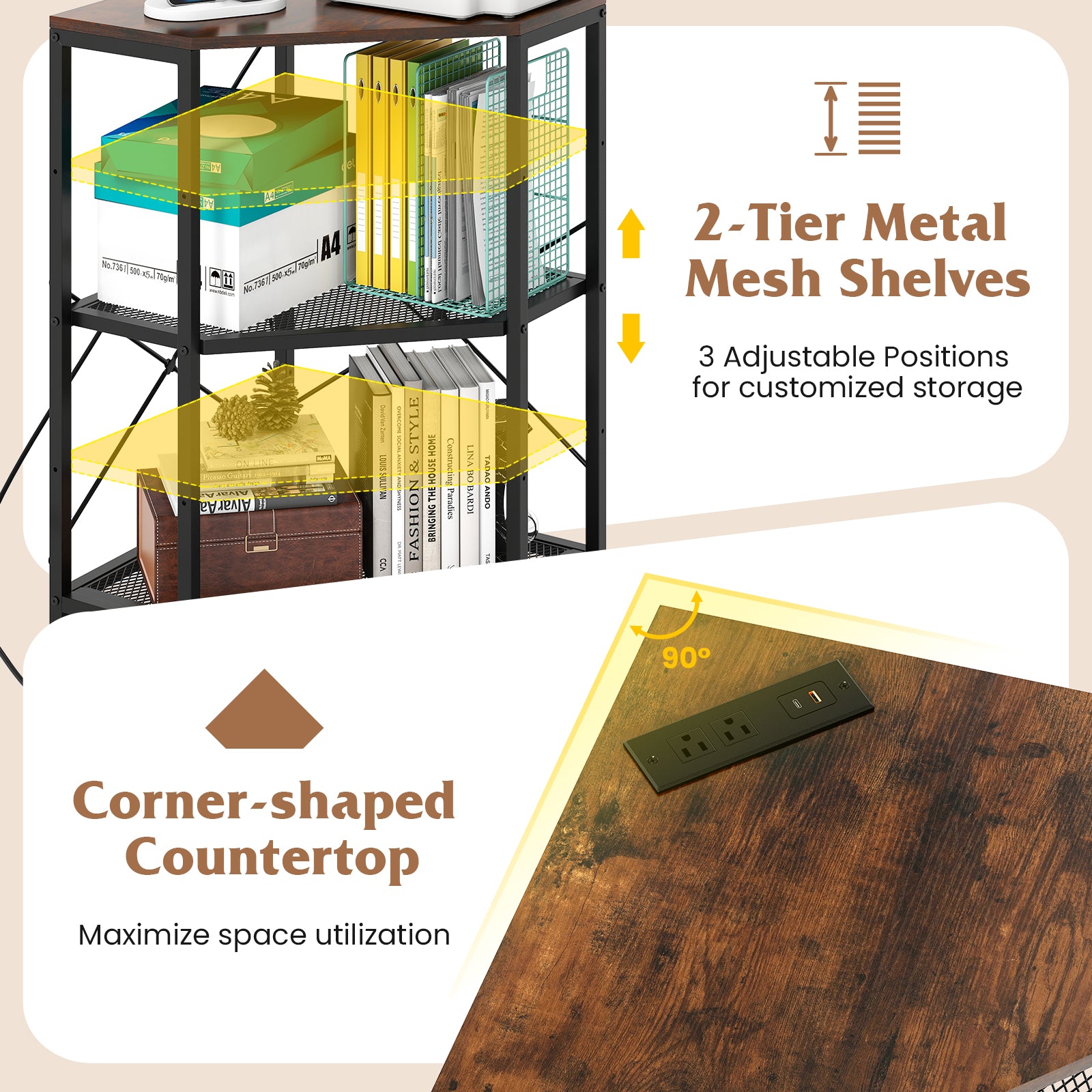 Corner Printer Stand with Power Outlet 3-Tier Storage Rack with Adjustable Shelf, Rustic Brown Laptop Tables & Printer Stands at Gallery Canada