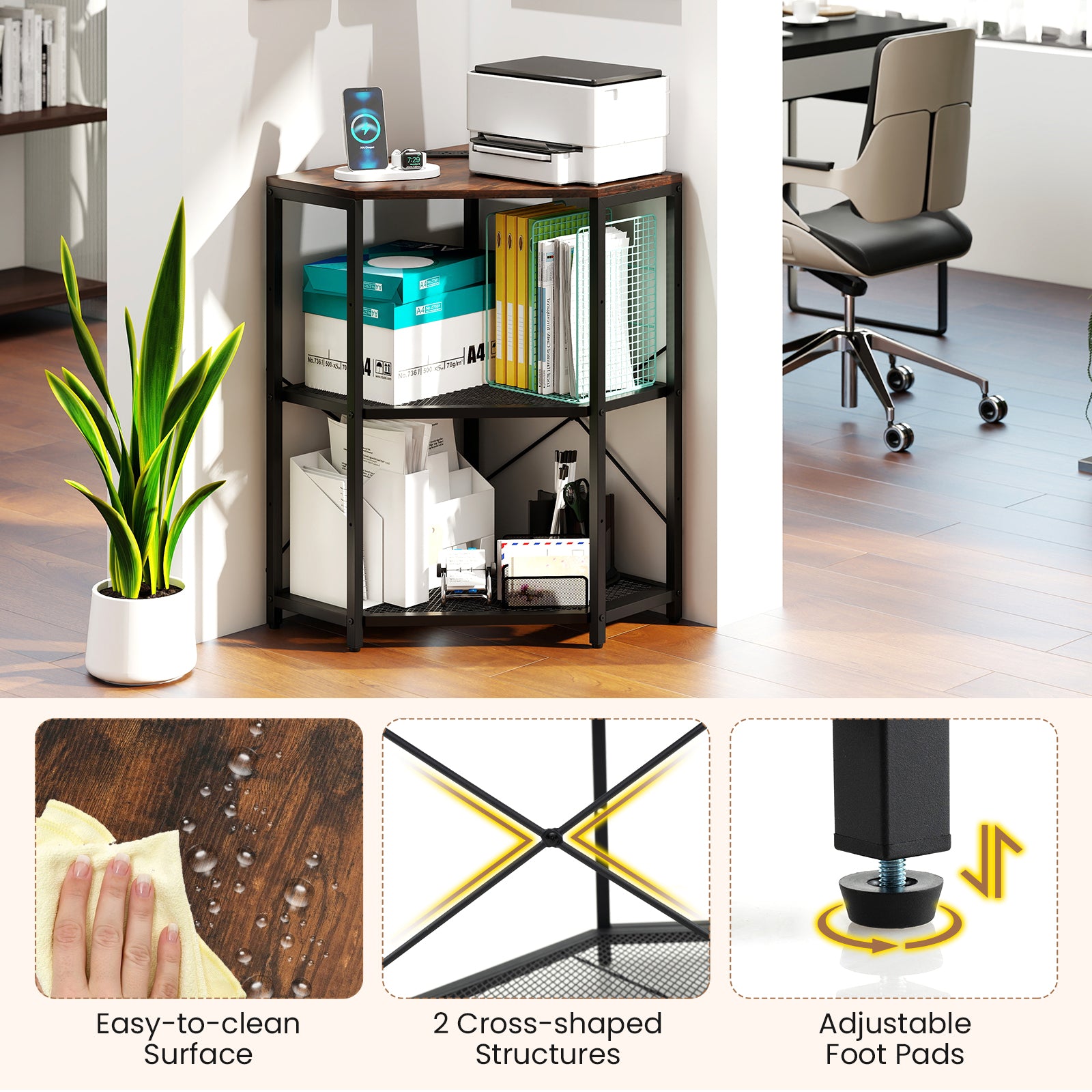 Corner Printer Stand with Power Outlet 3-Tier Storage Rack with Adjustable Shelf, Rustic Brown Laptop Tables & Printer Stands at Gallery Canada