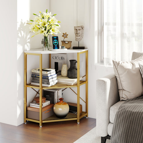 Corner Printer Stand with Power Outlet 3-Tier Storage Rack with Adjustable Shelf, White