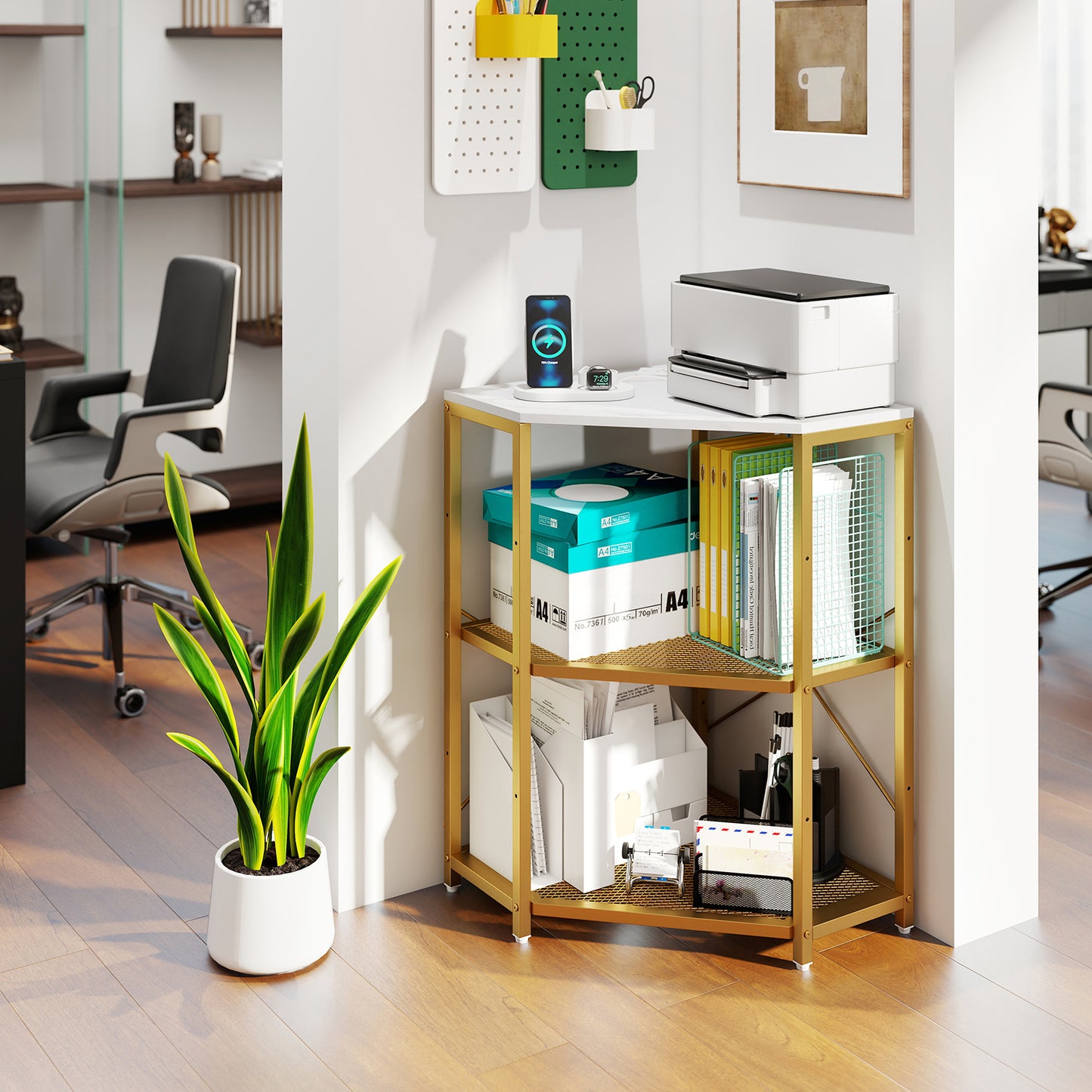 Corner Printer Stand with Power Outlet 3-Tier Storage Rack with Adjustable Shelf, White Laptop Tables & Printer Stands at Gallery Canada