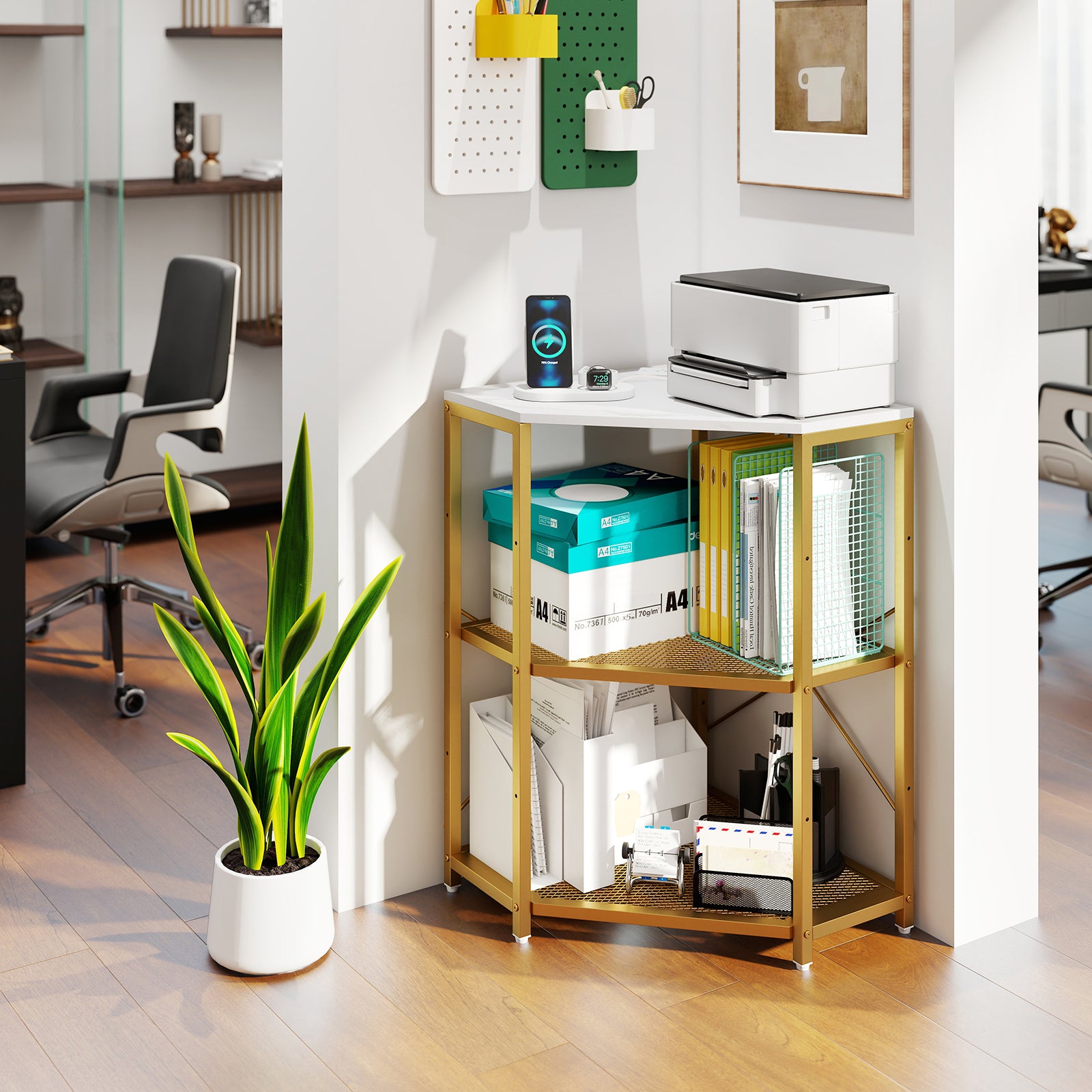 Corner Printer Stand with Power Outlet 3-Tier Storage Rack with Adjustable Shelf, White Laptop Tables & Printer Stands at Gallery Canada