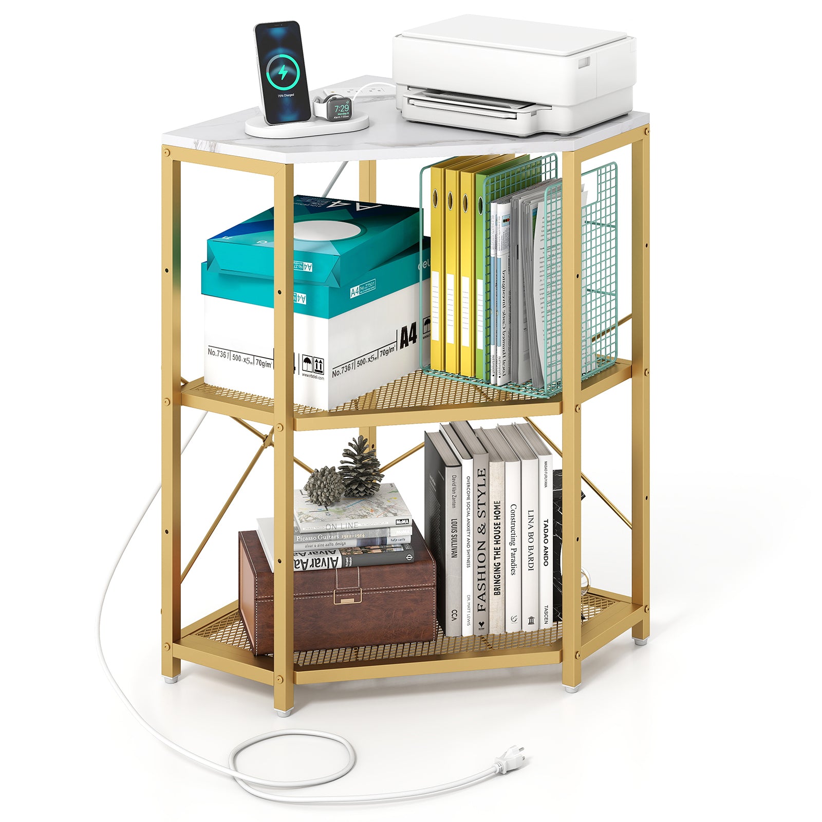 Corner Printer Stand with Power Outlet 3-Tier Storage Rack with Adjustable Shelf, White Laptop Tables & Printer Stands at Gallery Canada