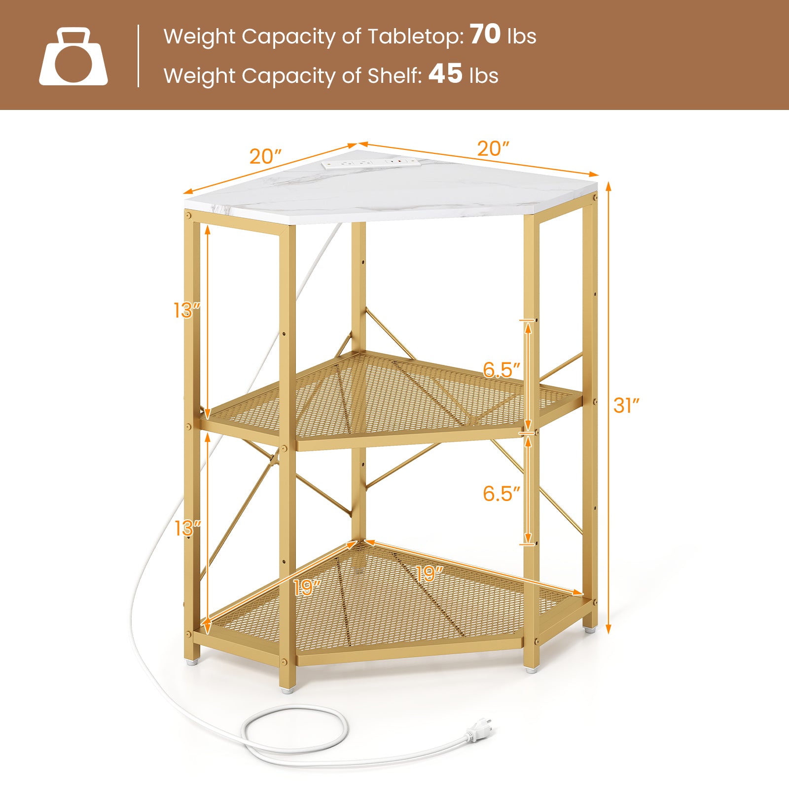 Corner Printer Stand with Power Outlet 3-Tier Storage Rack with Adjustable Shelf, White Laptop Tables & Printer Stands at Gallery Canada