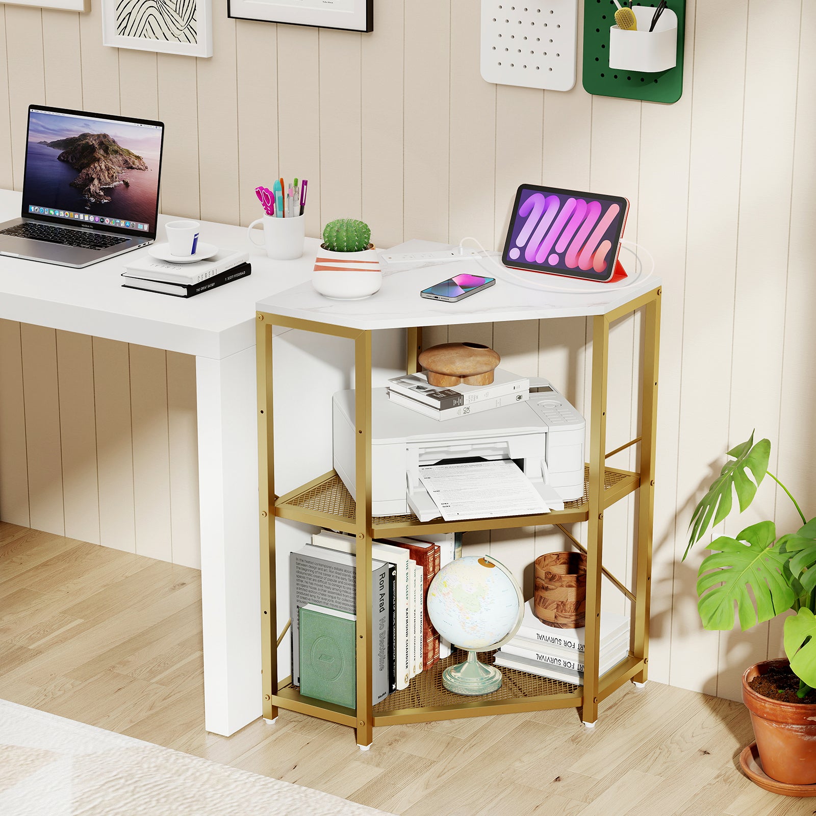 Corner Printer Stand with Power Outlet 3-Tier Storage Rack with Adjustable Shelf, White Laptop Tables & Printer Stands at Gallery Canada