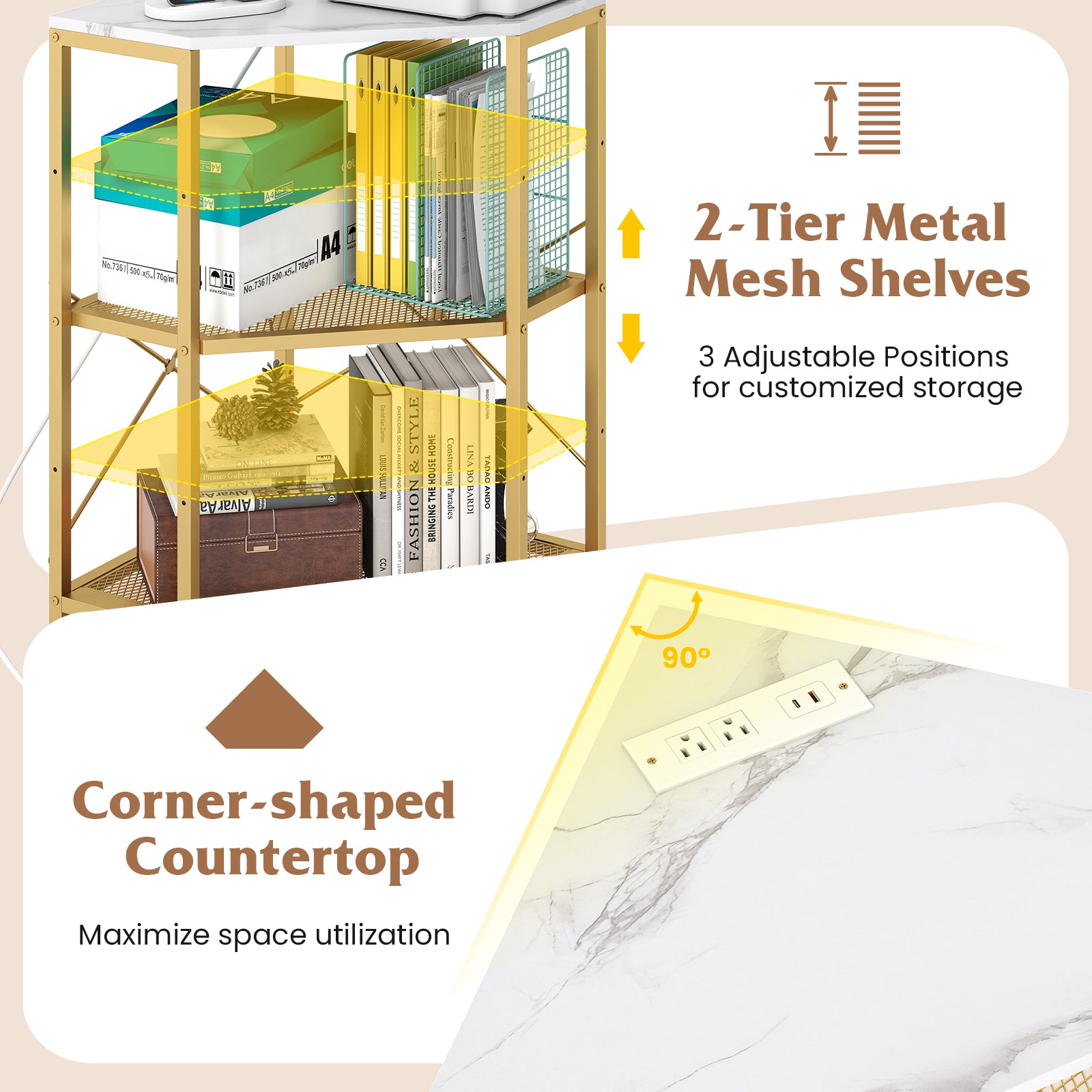 Corner Printer Stand with Power Outlet 3-Tier Storage Rack with Adjustable Shelf, White Laptop Tables & Printer Stands at Gallery Canada