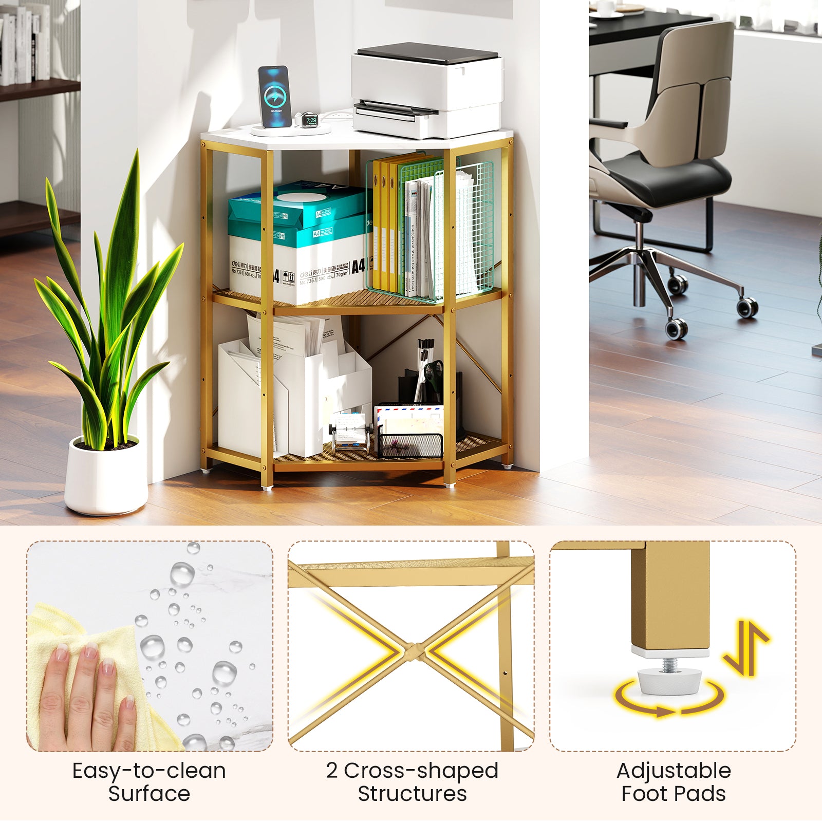 Corner Printer Stand with Power Outlet 3-Tier Storage Rack with Adjustable Shelf, White Laptop Tables & Printer Stands at Gallery Canada