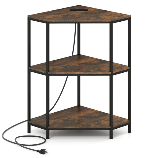 Corner Printer Stand 3-Tier Corner Shelf with Charging Station and Metal Frame, Rustic Brown Laptop Tables & Printer Stands Rustic Brown at Gallery Canada
