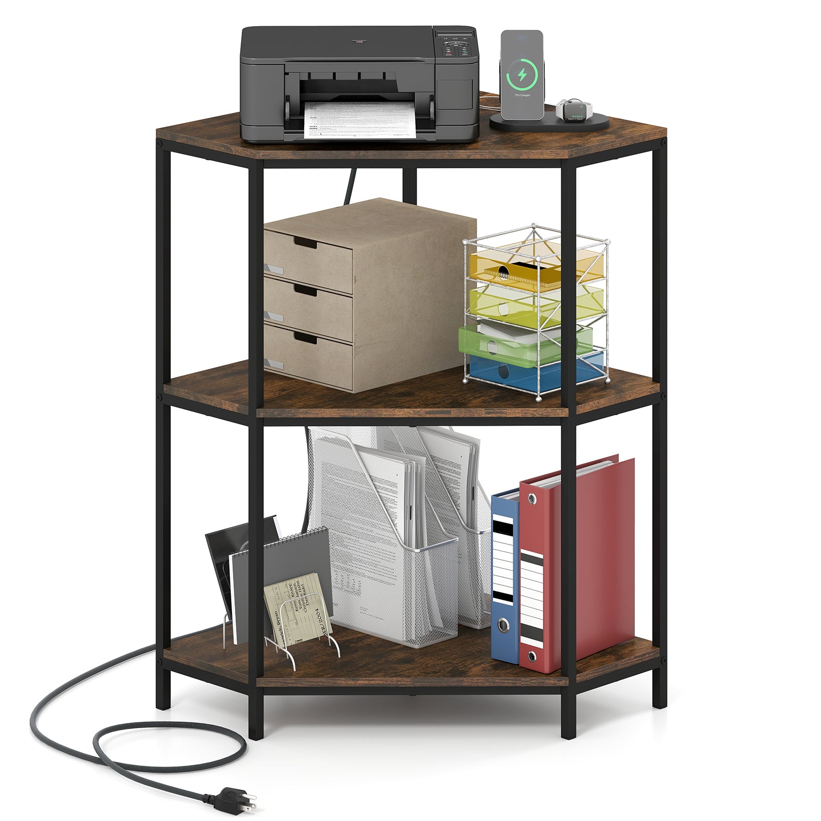 Corner Printer Stand 3-Tier Corner Shelf with Charging Station and Metal Frame, Rustic Brown Laptop Tables & Printer Stands at Gallery Canada