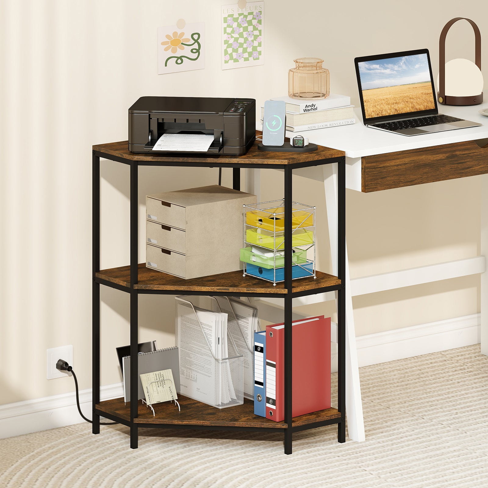 Corner Printer Stand 3-Tier Corner Shelf with Charging Station and Metal Frame, Rustic Brown Laptop Tables & Printer Stands at Gallery Canada