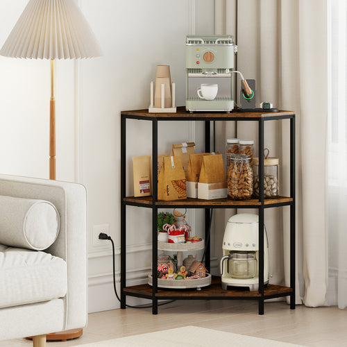 Corner Printer Stand 3-Tier Corner Shelf with Charging Station and Metal Frame, Rustic Brown