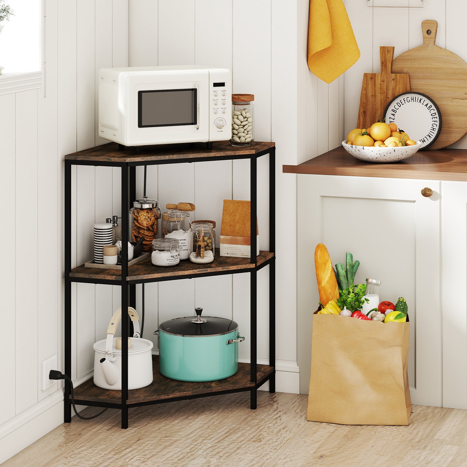 Corner Printer Stand 3-Tier Corner Shelf with Charging Station and Metal Frame, Rustic Brown Laptop Tables & Printer Stands at Gallery Canada