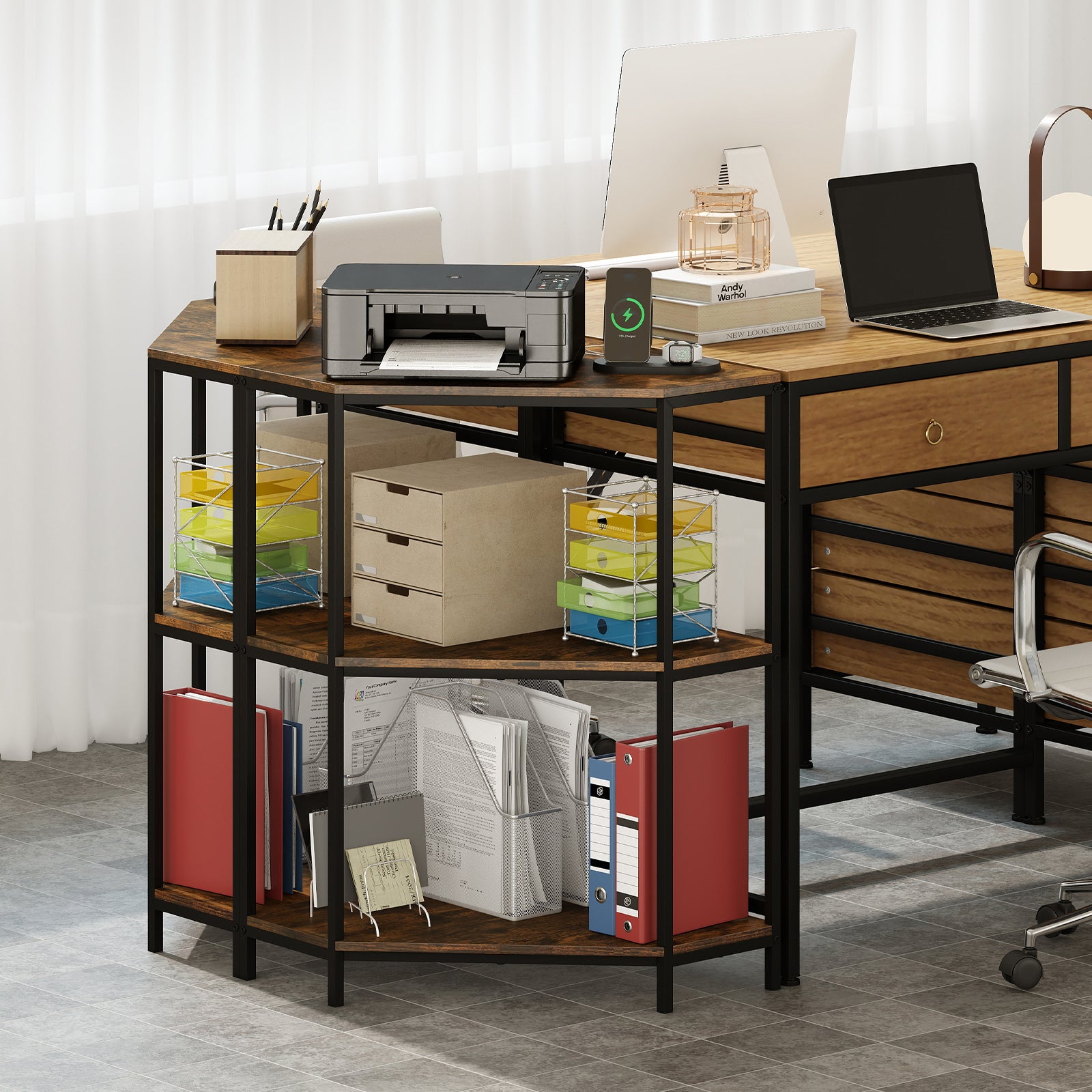 Corner Printer Stand 3-Tier Corner Shelf with Charging Station and Metal Frame, Rustic Brown Laptop Tables & Printer Stands at Gallery Canada