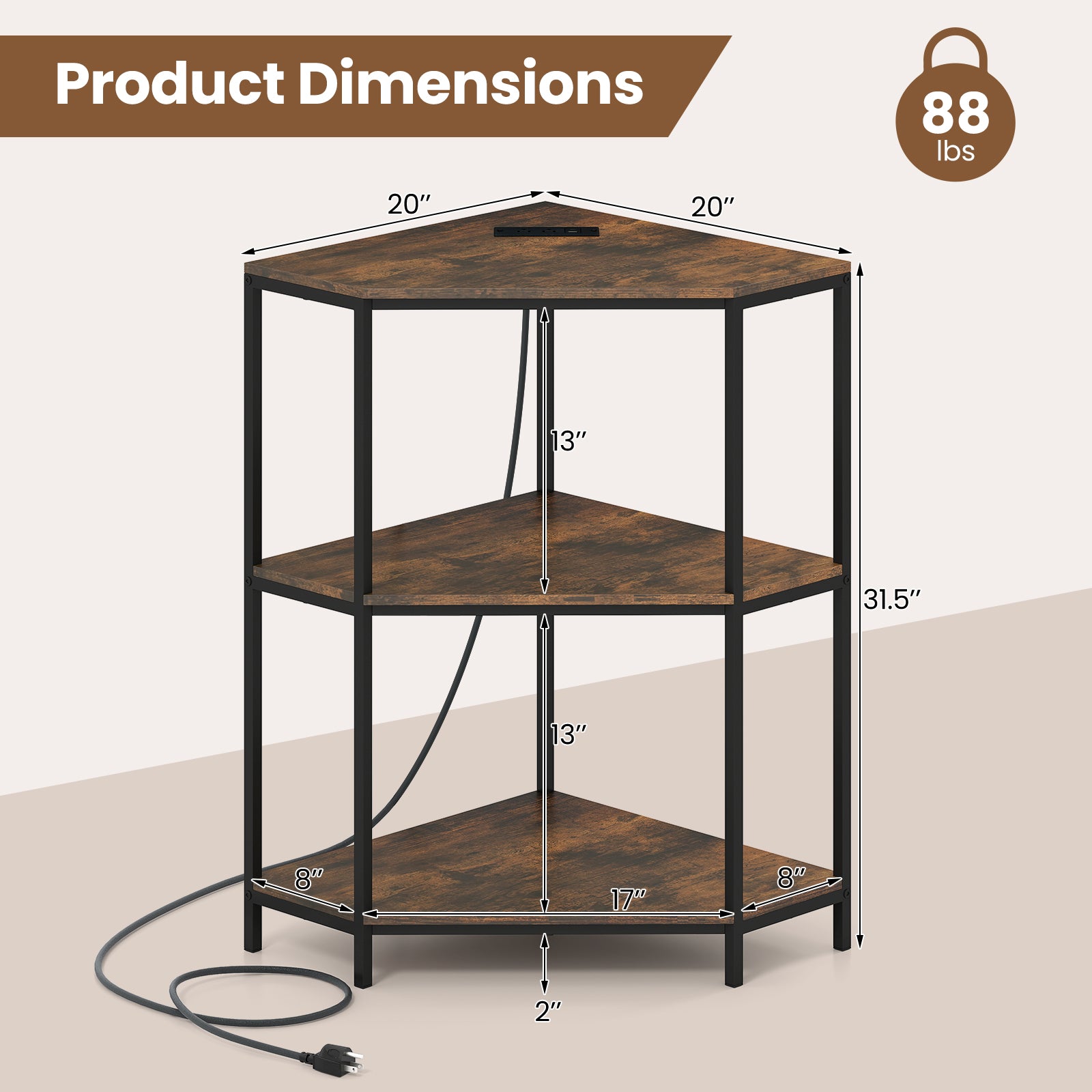 Corner Printer Stand 3-Tier Corner Shelf with Charging Station and Metal Frame, Rustic Brown Laptop Tables & Printer Stands at Gallery Canada
