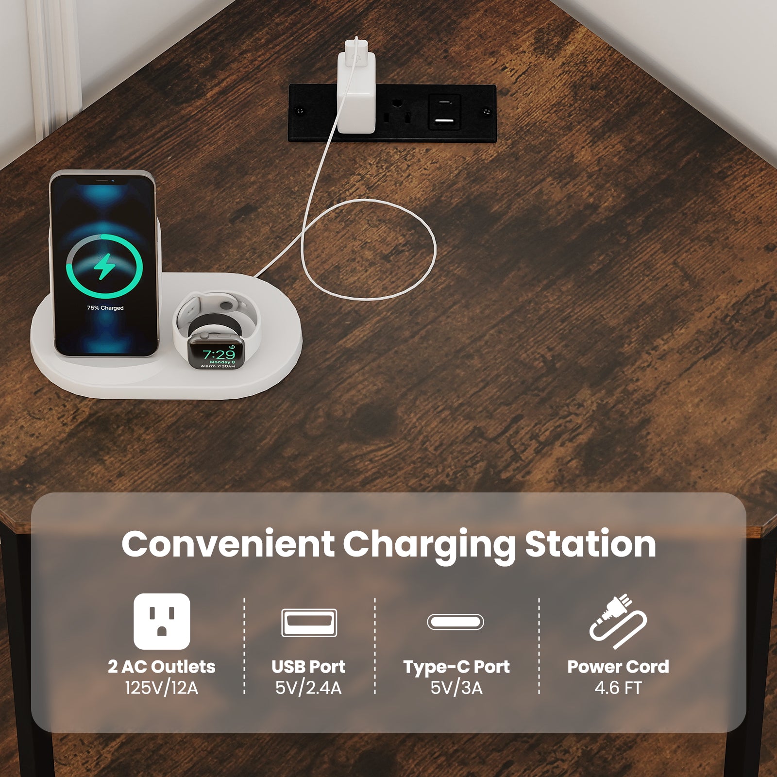 Corner Printer Stand 3-Tier Corner Shelf with Charging Station and Metal Frame, Rustic Brown Laptop Tables & Printer Stands at Gallery Canada