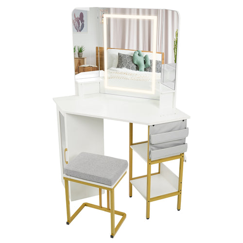 Corner Vanity Desk with Mirror and Lights Makeup Dressing Table with Triple Mirror, White