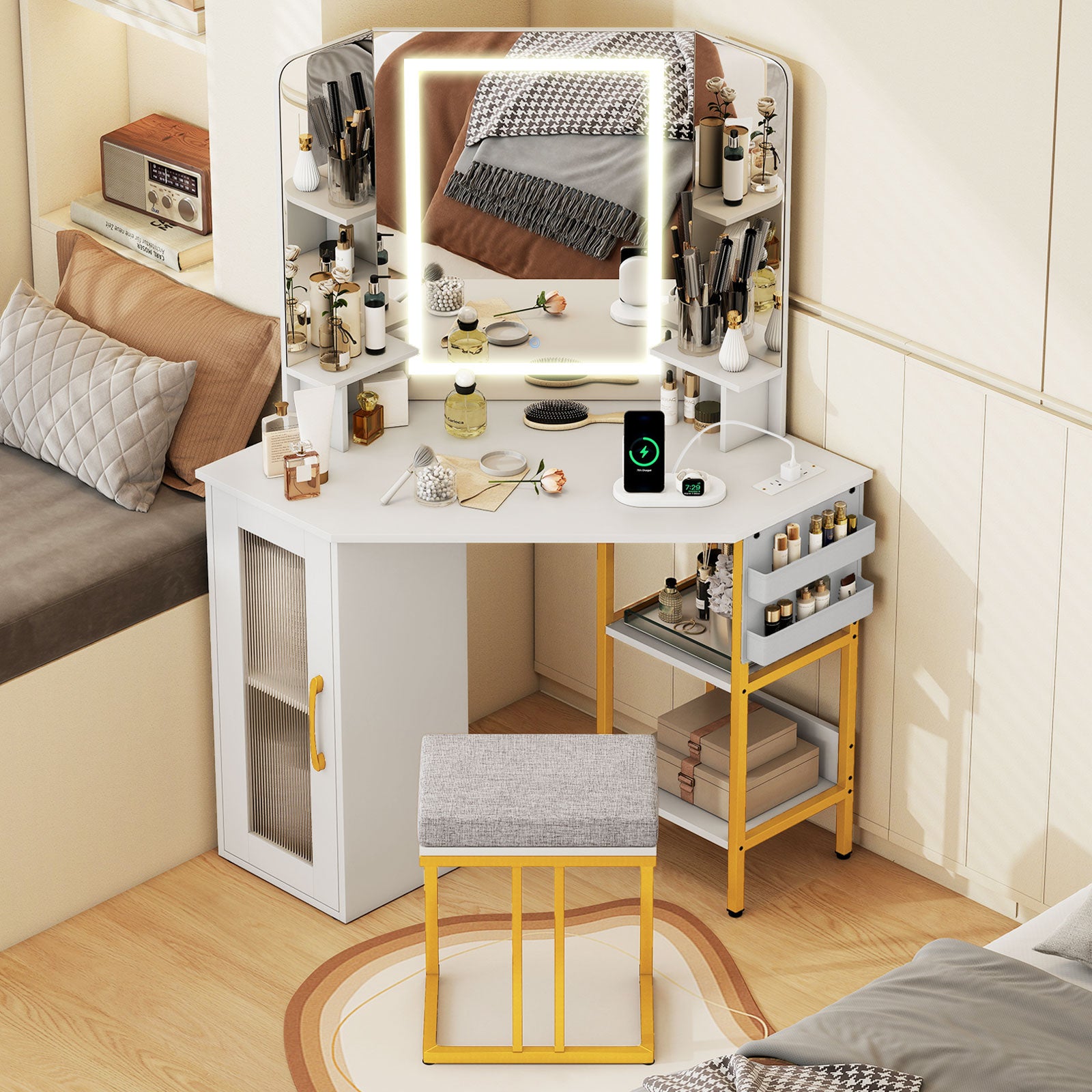 Corner Vanity Desk With Mirror And Lights, White Makeup Vanities at Gallery Canada