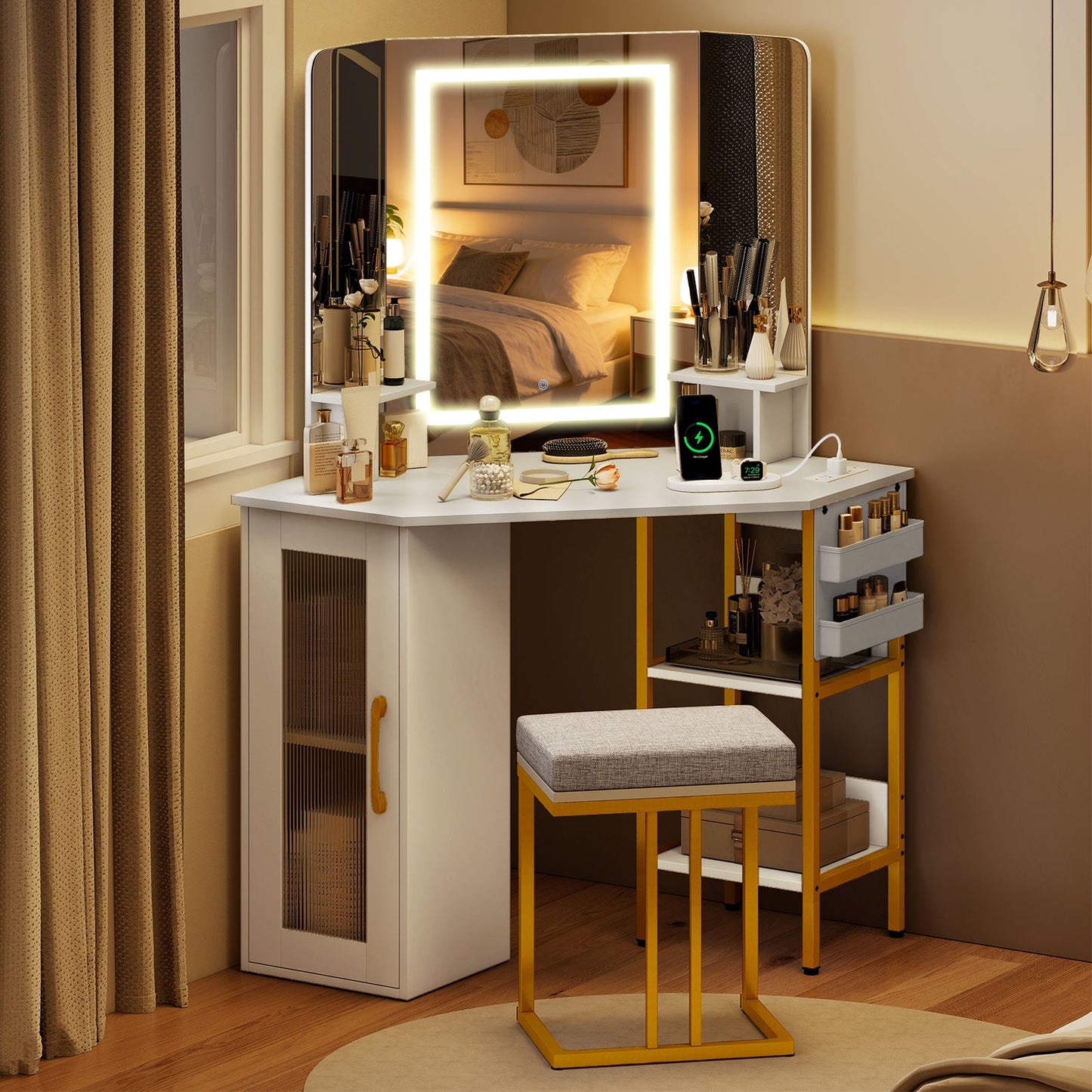 Corner Vanity Desk With Mirror And Lights, White Makeup Vanities at Gallery Canada