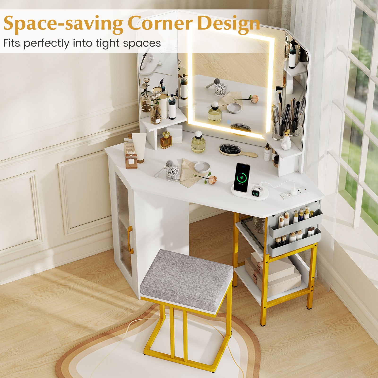 Corner Vanity Desk With Mirror And Lights, White Makeup Vanities at Gallery Canada