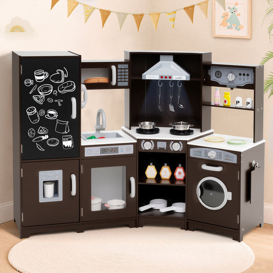 Corner Wooden Play Kitchen with Lights and Sounds Large Pretend Play Kitchen Set, Espresso Play Kitchen Sets Espresso at Gallery Canada