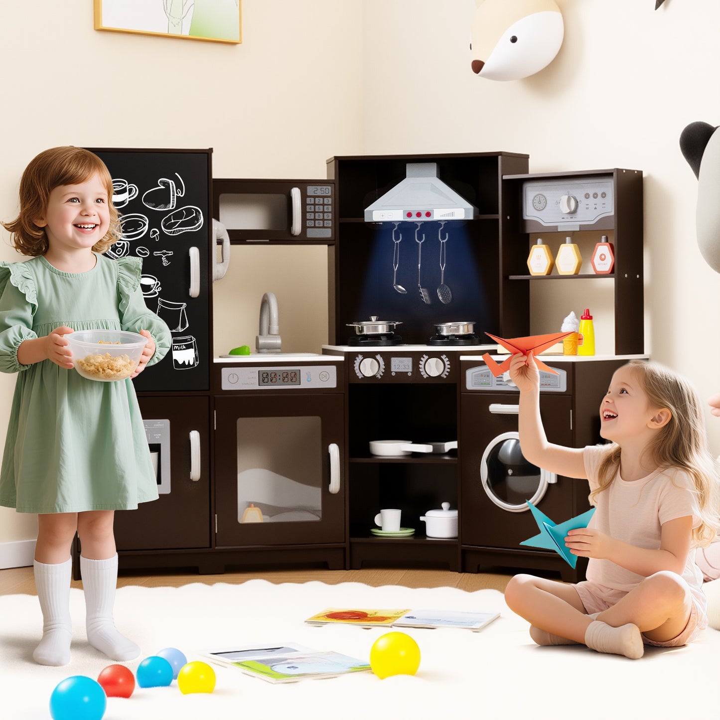 Corner Wooden Play Kitchen with Lights and Sounds Large Pretend Play Kitchen Set, Espresso Play Kitchen Sets at Gallery Canada