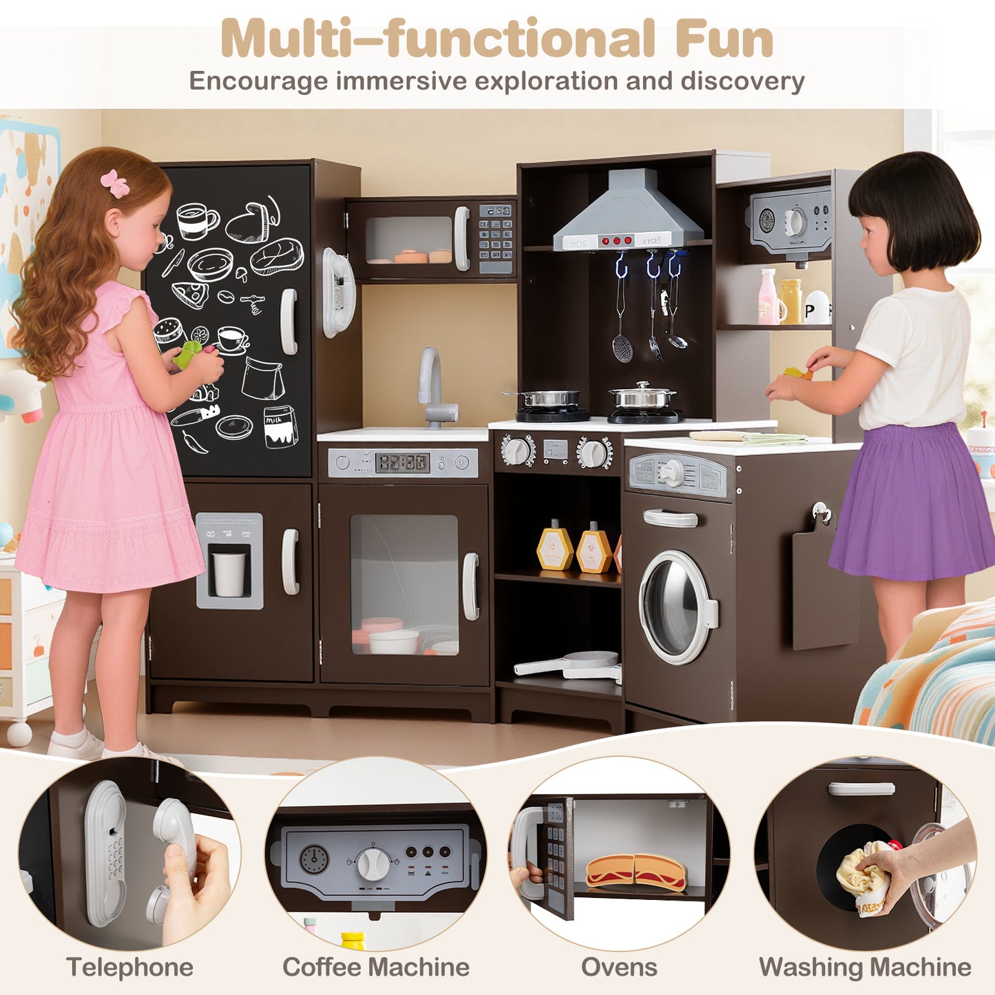 Corner Wooden Play Kitchen with Lights and Sounds Large Pretend Play Kitchen Set, Espresso Play Kitchen Sets at Gallery Canada