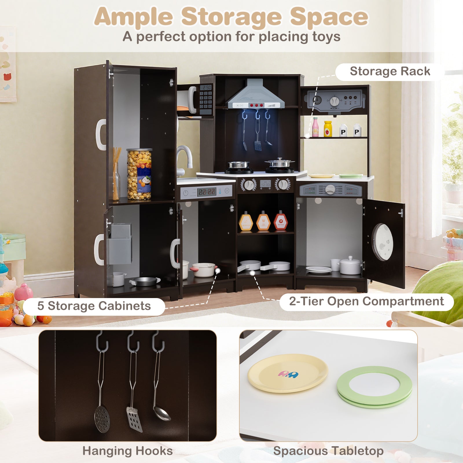 Corner Wooden Play Kitchen with Lights and Sounds Large Pretend Play Kitchen Set, Espresso Play Kitchen Sets at Gallery Canada