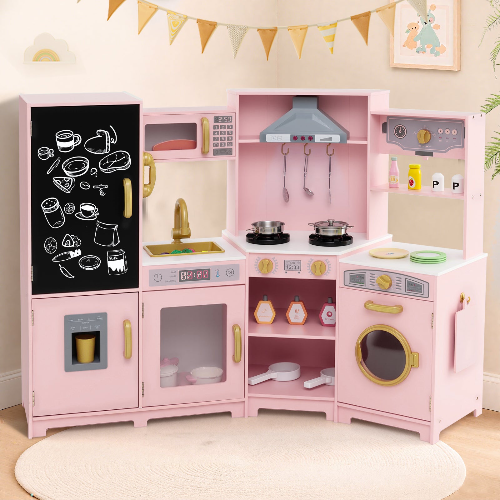 Corner Wooden Play Kitchen with Lights and Sounds Large Pretend Play Kitchen Set, Pink Play Kitchen Sets at Gallery Canada
