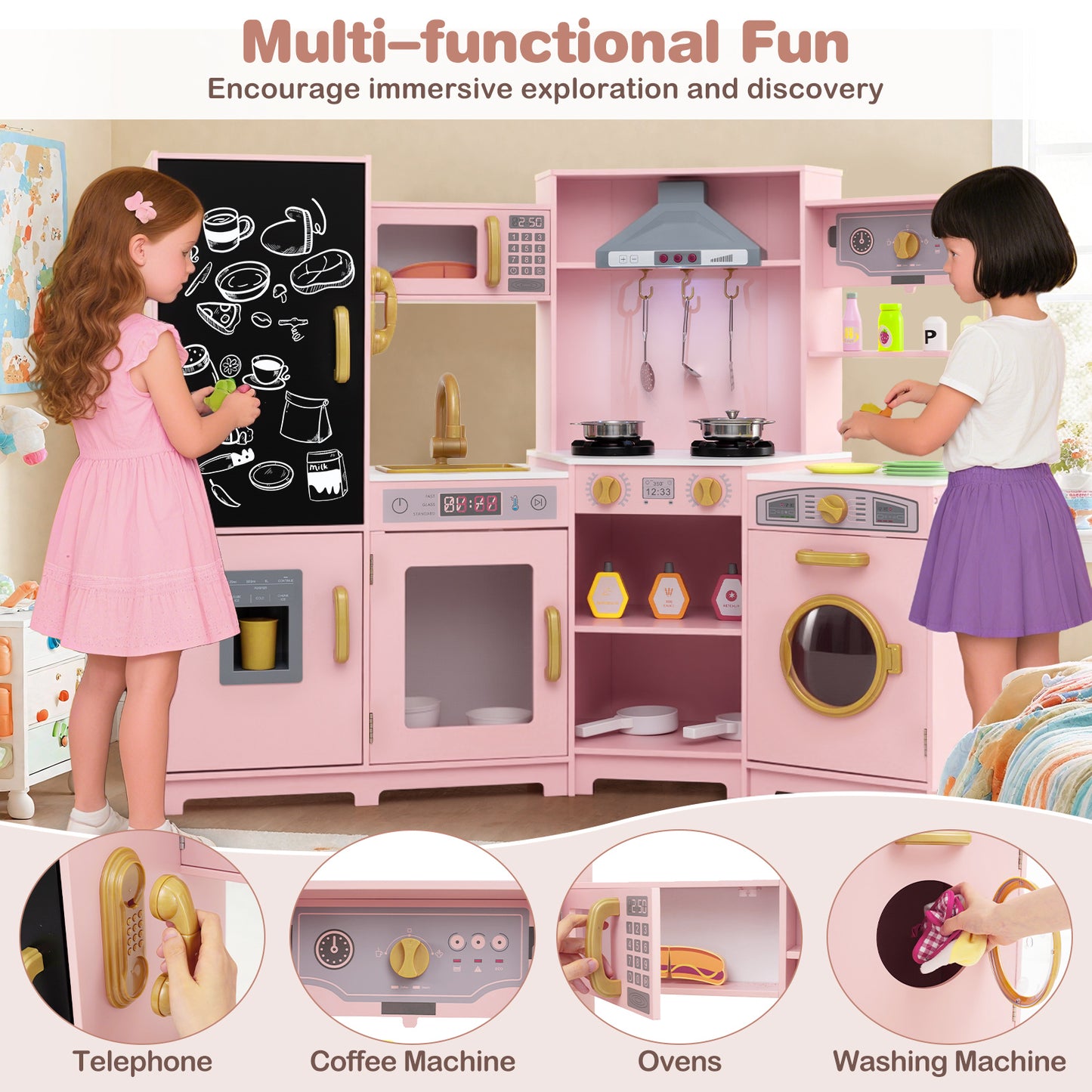 Corner Wooden Play Kitchen with Lights and Sounds Large Pretend Play Kitchen Set, Pink Play Kitchen Sets at Gallery Canada