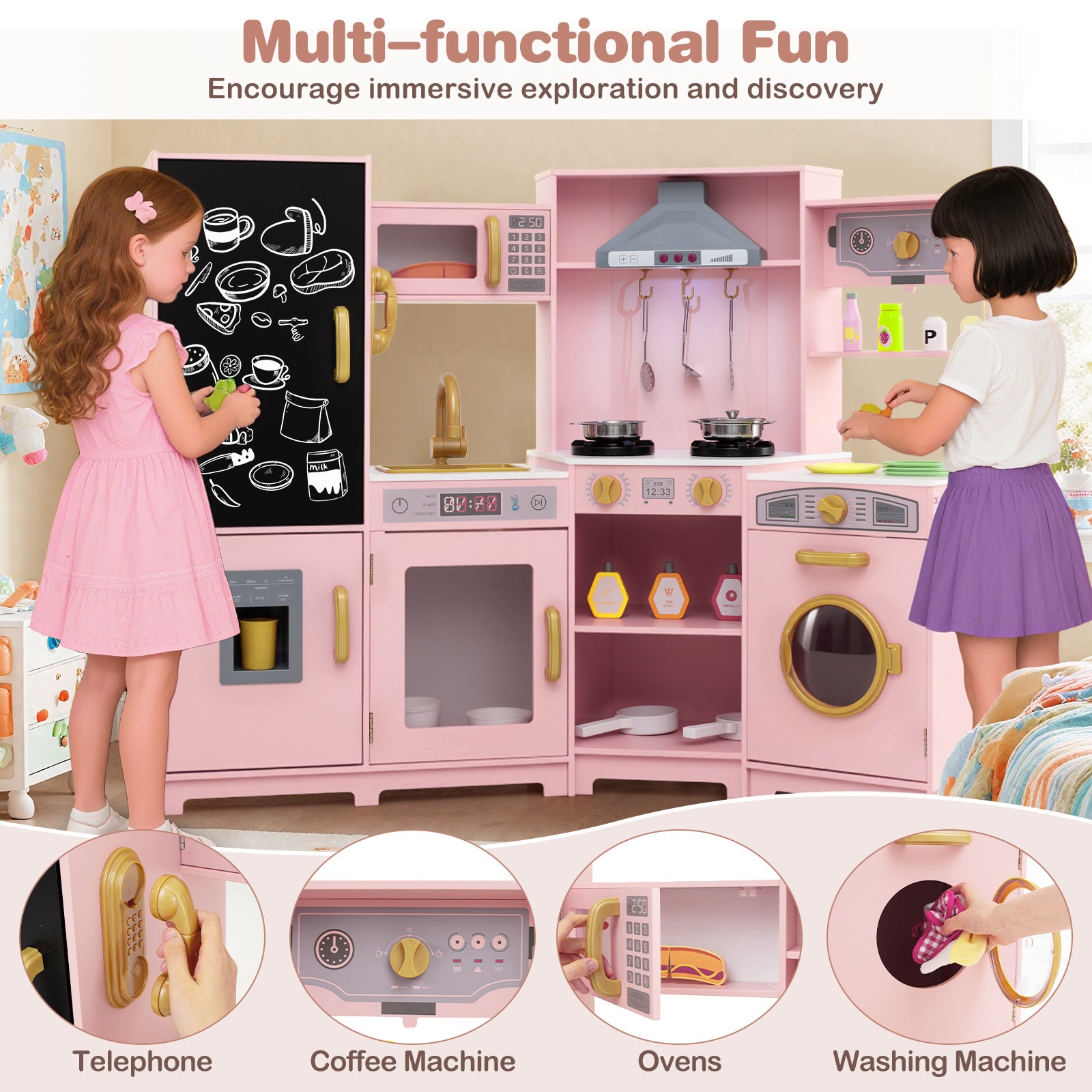 Corner Wooden Play Kitchen with Lights and Sounds Large Pretend Play Kitchen Set, Pink Play Kitchen Sets at Gallery Canada