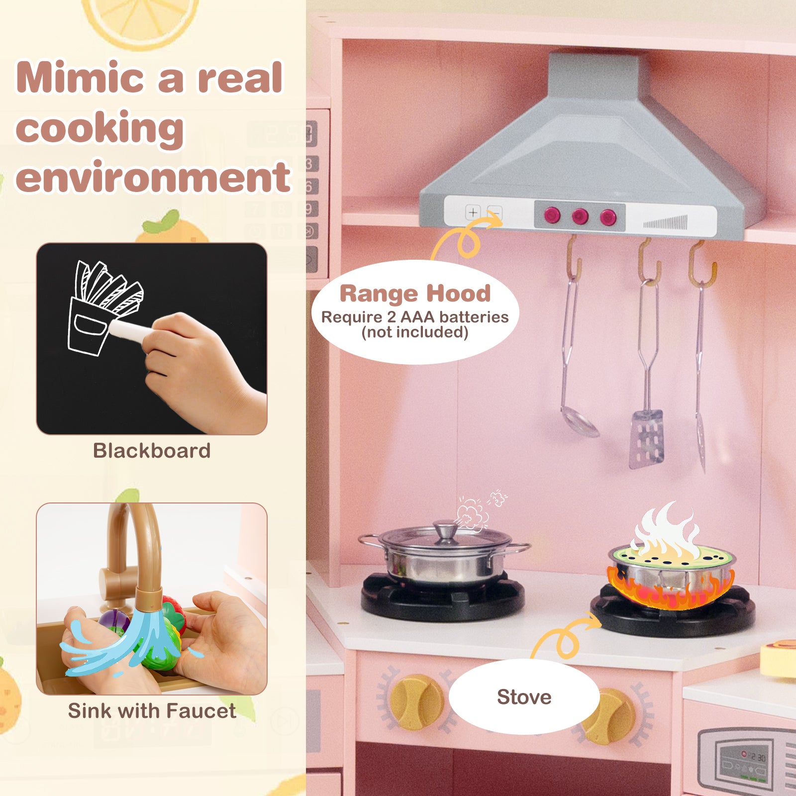 Corner Wooden Play Kitchen with Lights and Sounds Large Pretend Play Kitchen Set, Pink Play Kitchen Sets at Gallery Canada