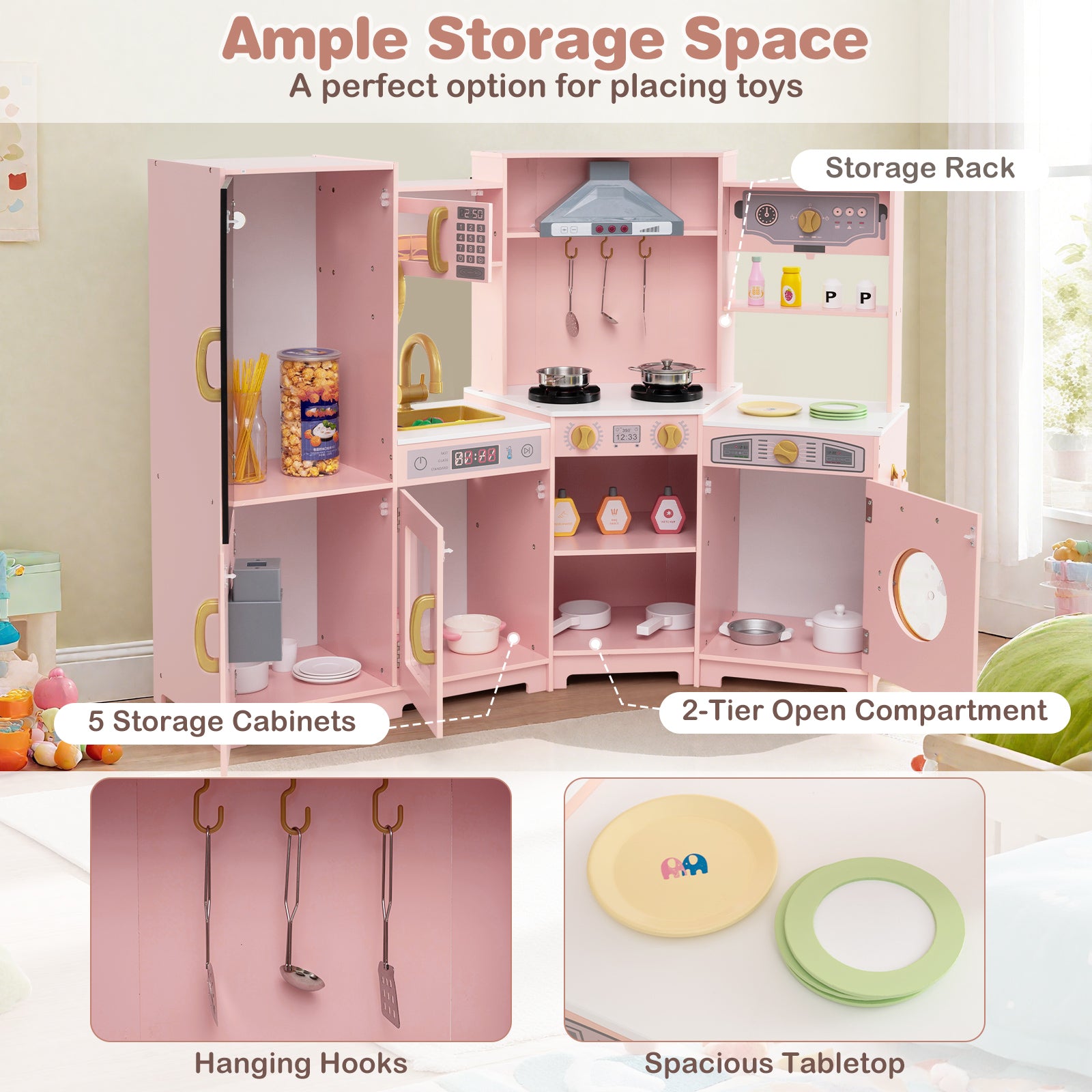 Corner Wooden Play Kitchen with Lights and Sounds Large Pretend Play Kitchen Set, Pink Play Kitchen Sets at Gallery Canada