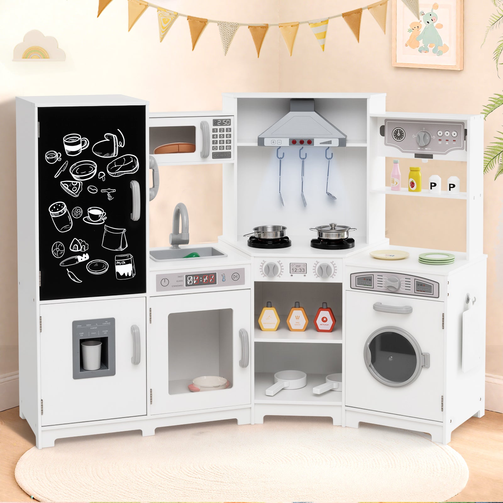 Corner Wooden Play Kitchen with Lights and Sounds Large Pretend Play Kitchen Set, White Play Kitchen Sets at Gallery Canada