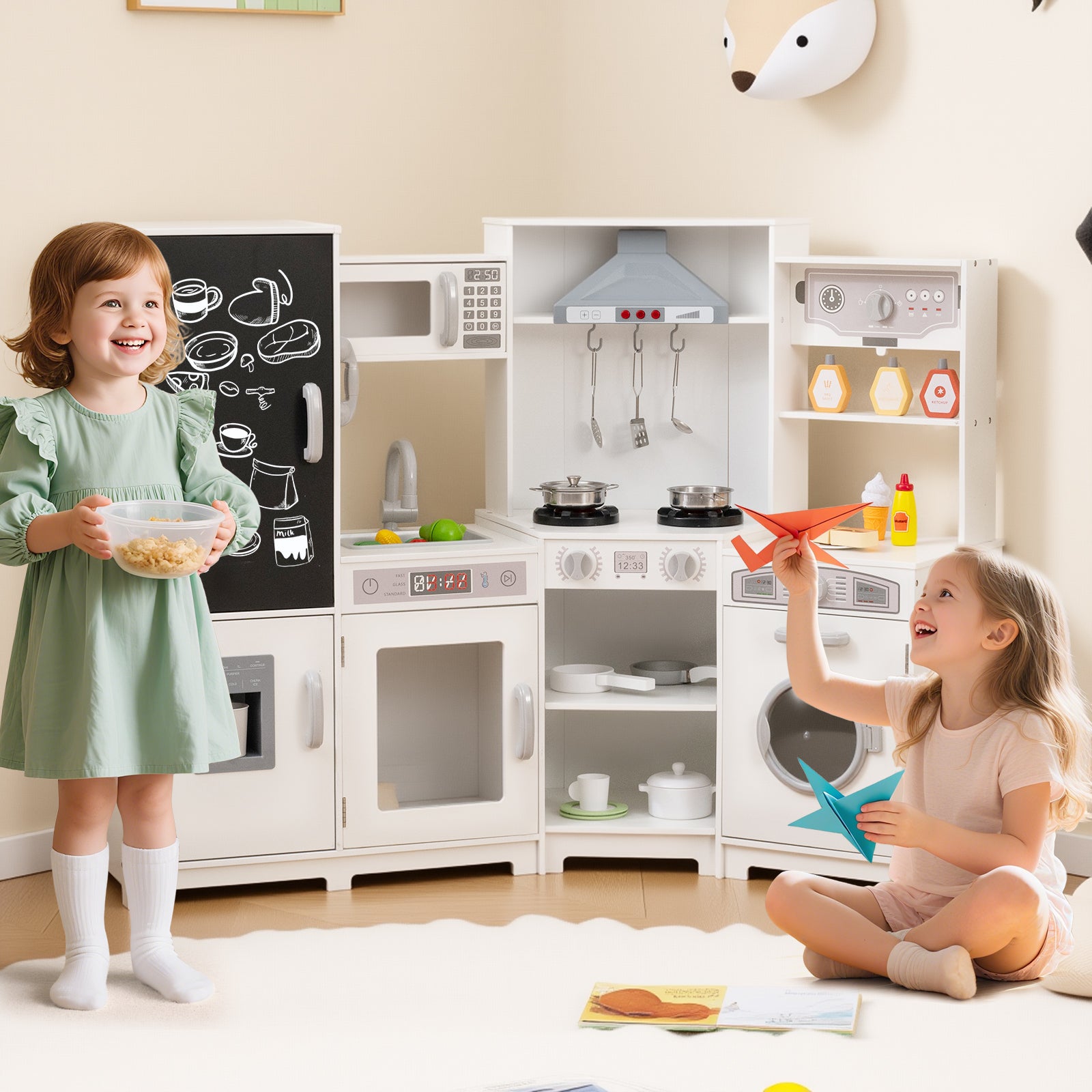 Corner Wooden Play Kitchen with Lights and Sounds Large Pretend Play Kitchen Set, White Play Kitchen Sets at Gallery Canada