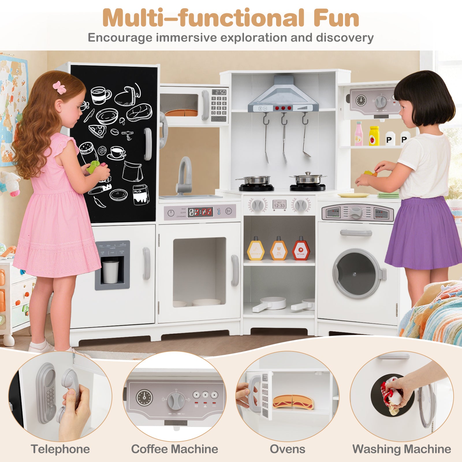 Corner Wooden Play Kitchen with Lights and Sounds Large Pretend Play Kitchen Set, White Play Kitchen Sets at Gallery Canada