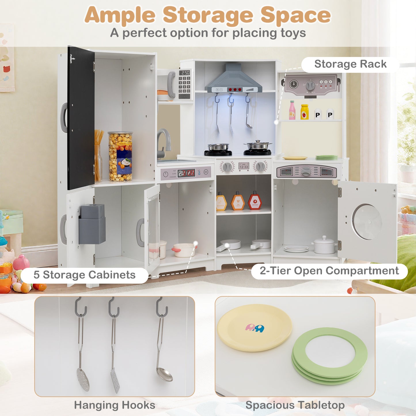 Corner Wooden Play Kitchen with Lights and Sounds Large Pretend Play Kitchen Set, White Play Kitchen Sets at Gallery Canada