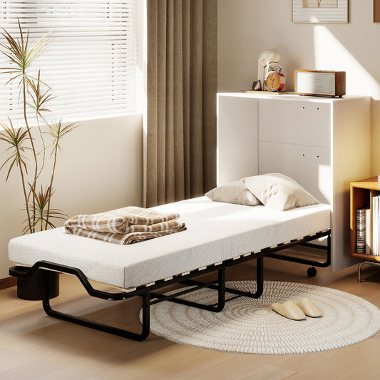 Cot Size Murphy Bed with Foldable Bed and Lockable Wheels, White