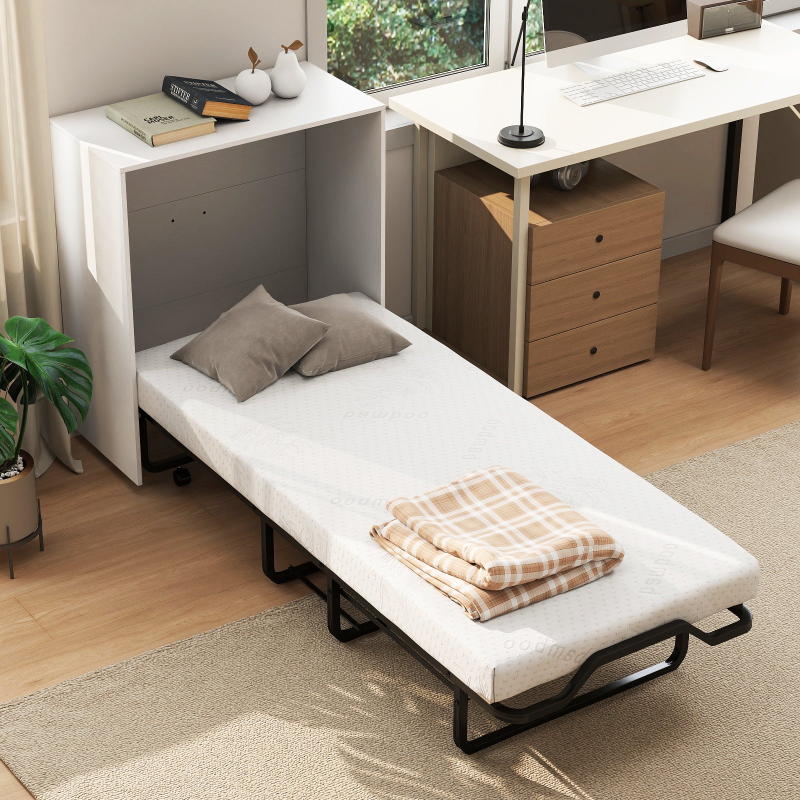 Cot Size Murphy Bed with Foldable Bed and Lockable Wheels, White Folding Beds at Gallery Canada