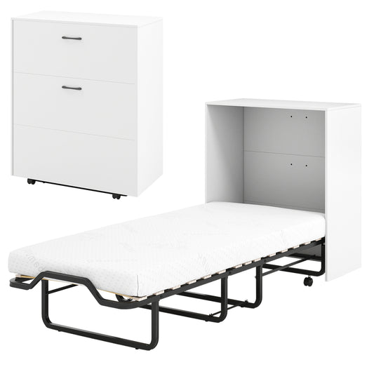 Cot Size Murphy Bed with Foldable Bed and Lockable Wheels, White