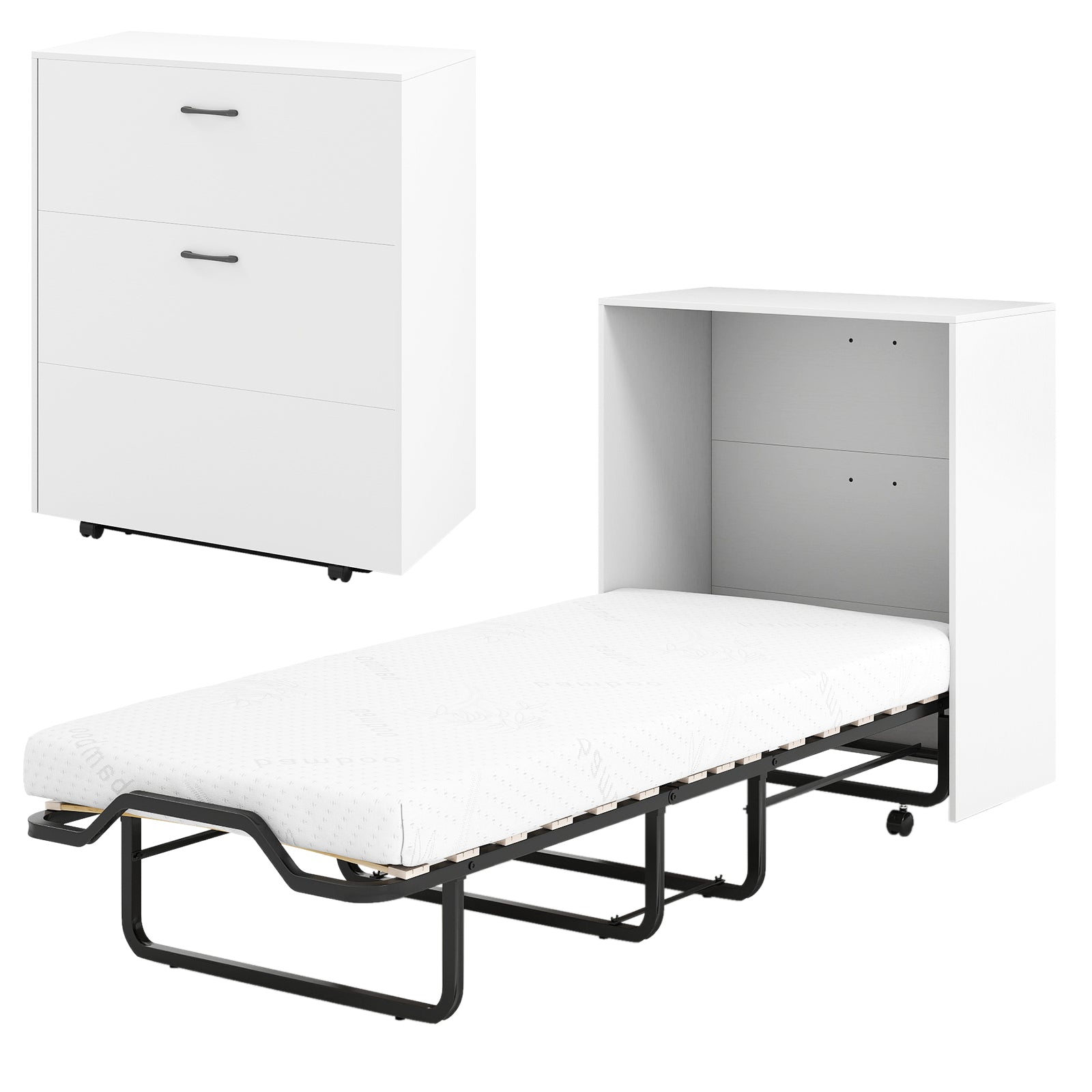 Cot Size Murphy Bed with Foldable Bed and Lockable Wheels, White Folding Beds at Gallery Canada