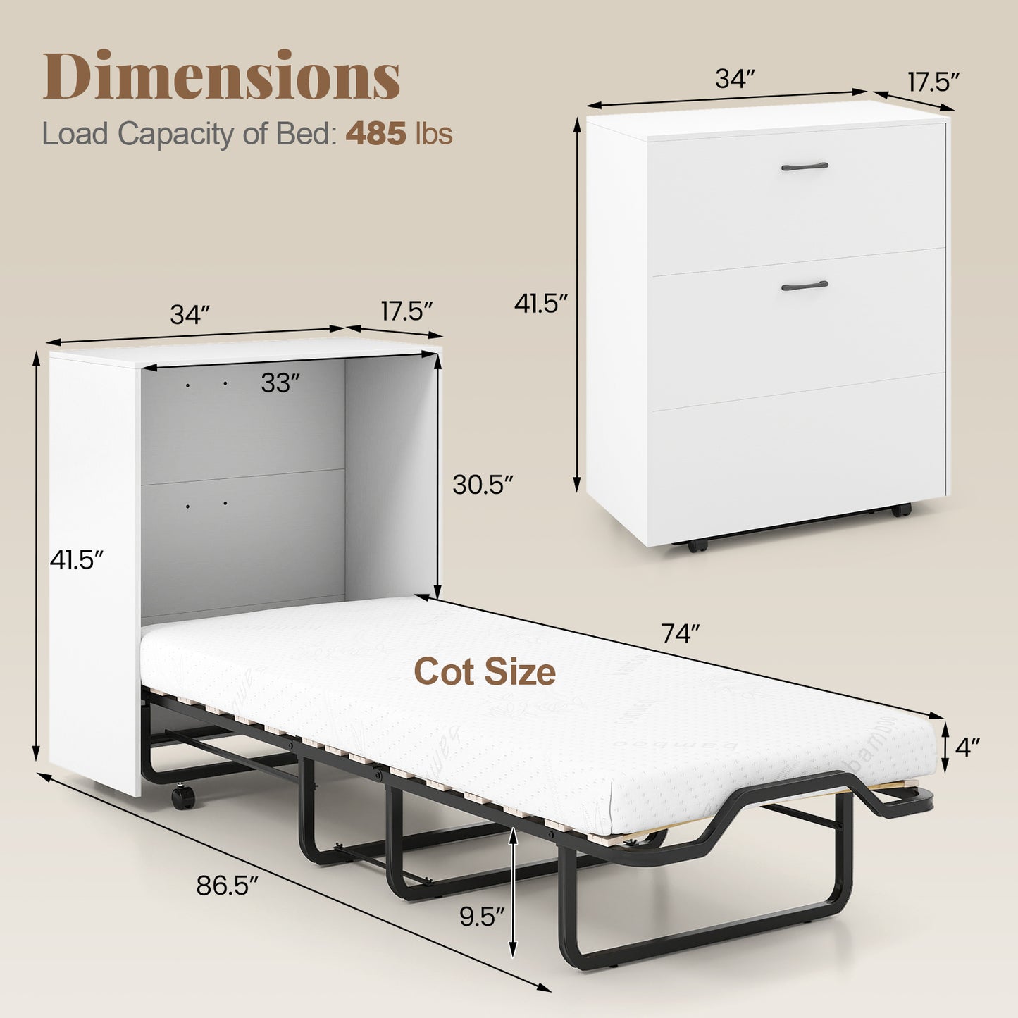 Cot Size Murphy Bed with Foldable Bed and Lockable Wheels, White Folding Beds at Gallery Canada