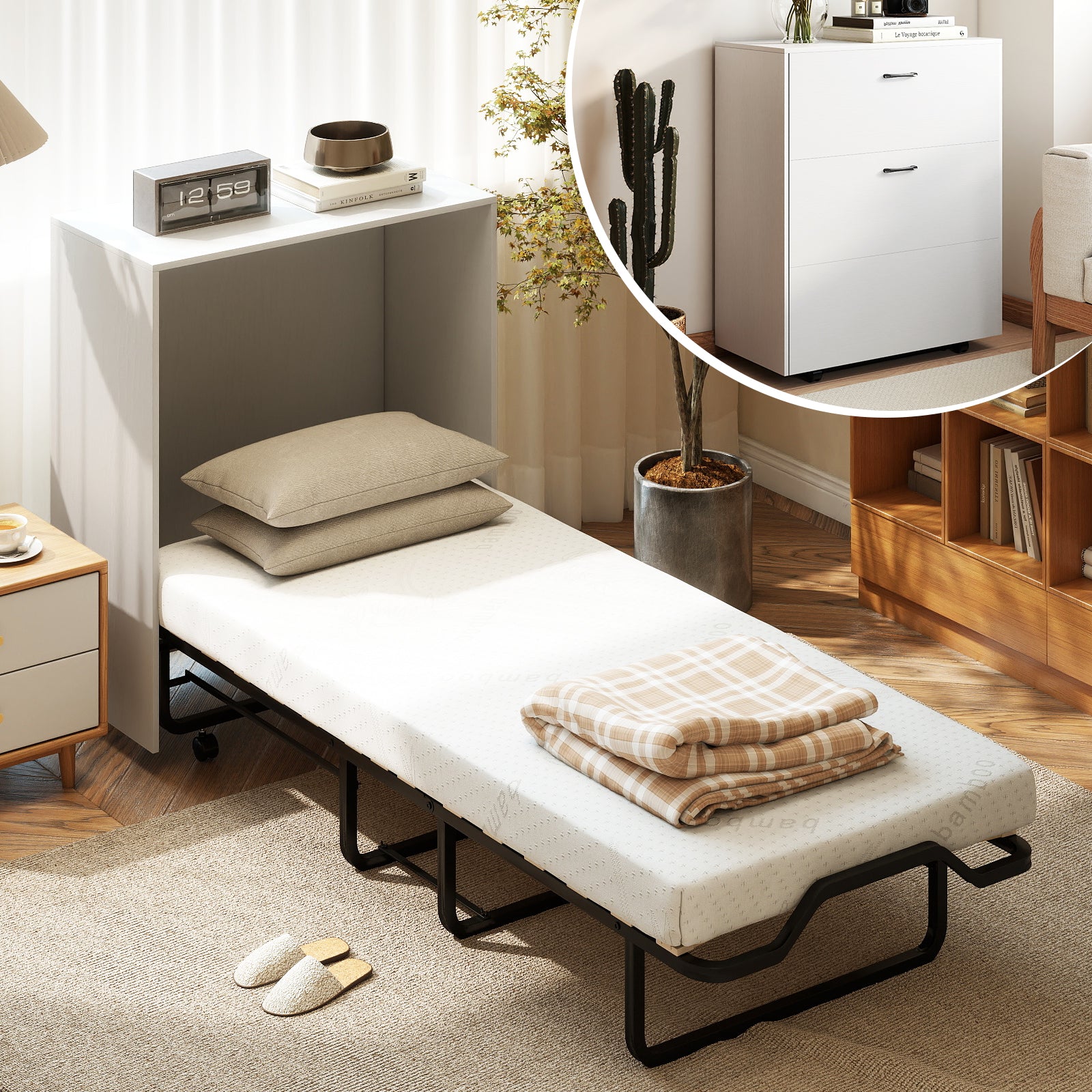 Cot Size Murphy Bed with Foldable Bed and Lockable Wheels, White Folding Beds at Gallery Canada