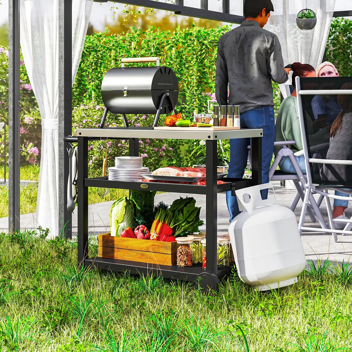 3-Shelf Outdoor Grill Cart, Stainless Steel Top, Movable BBQ Table, Charcoal Grey Outdoor Grill Carts at Gallery Canada