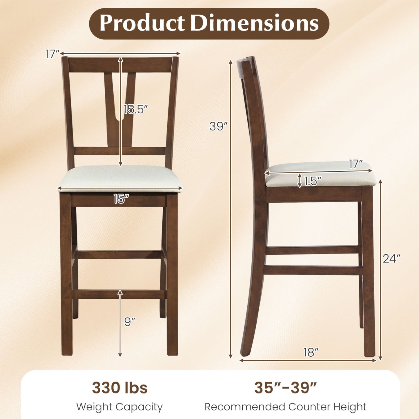 Counter Height Bar Stools with Contoured V-Back-Set of 2, Walnut Bar Stools at Gallery Canada