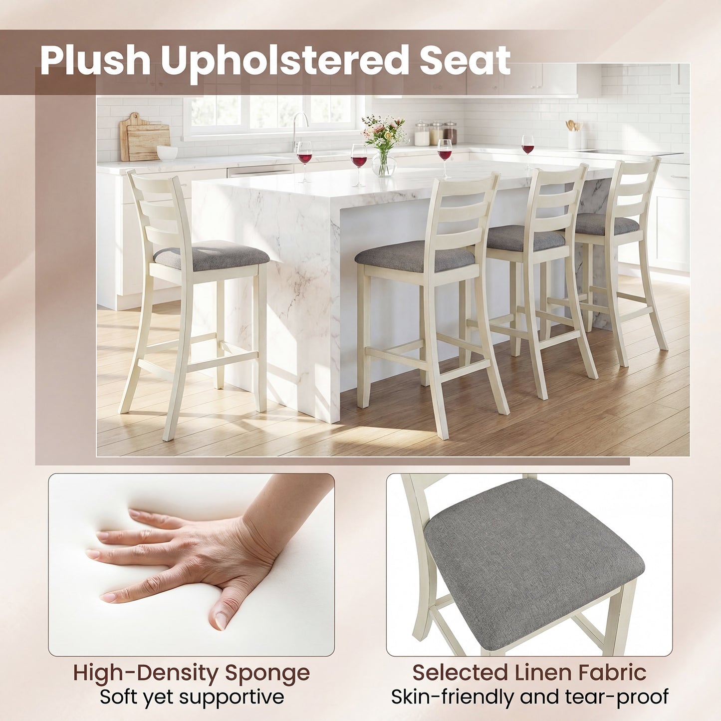 Counter Height Chairs, Fabric Seat, Rubber Wood Legs, Beige Bar Stools at Gallery Canada