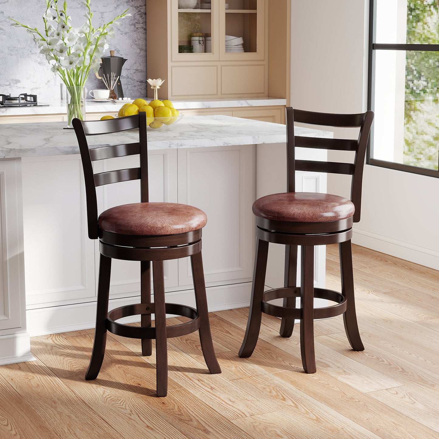 Counter Height Swivel Barstools Set of 2 with Faux Leather Seat and Wrap-around Footrest-24 Bar Stools at Gallery Canada