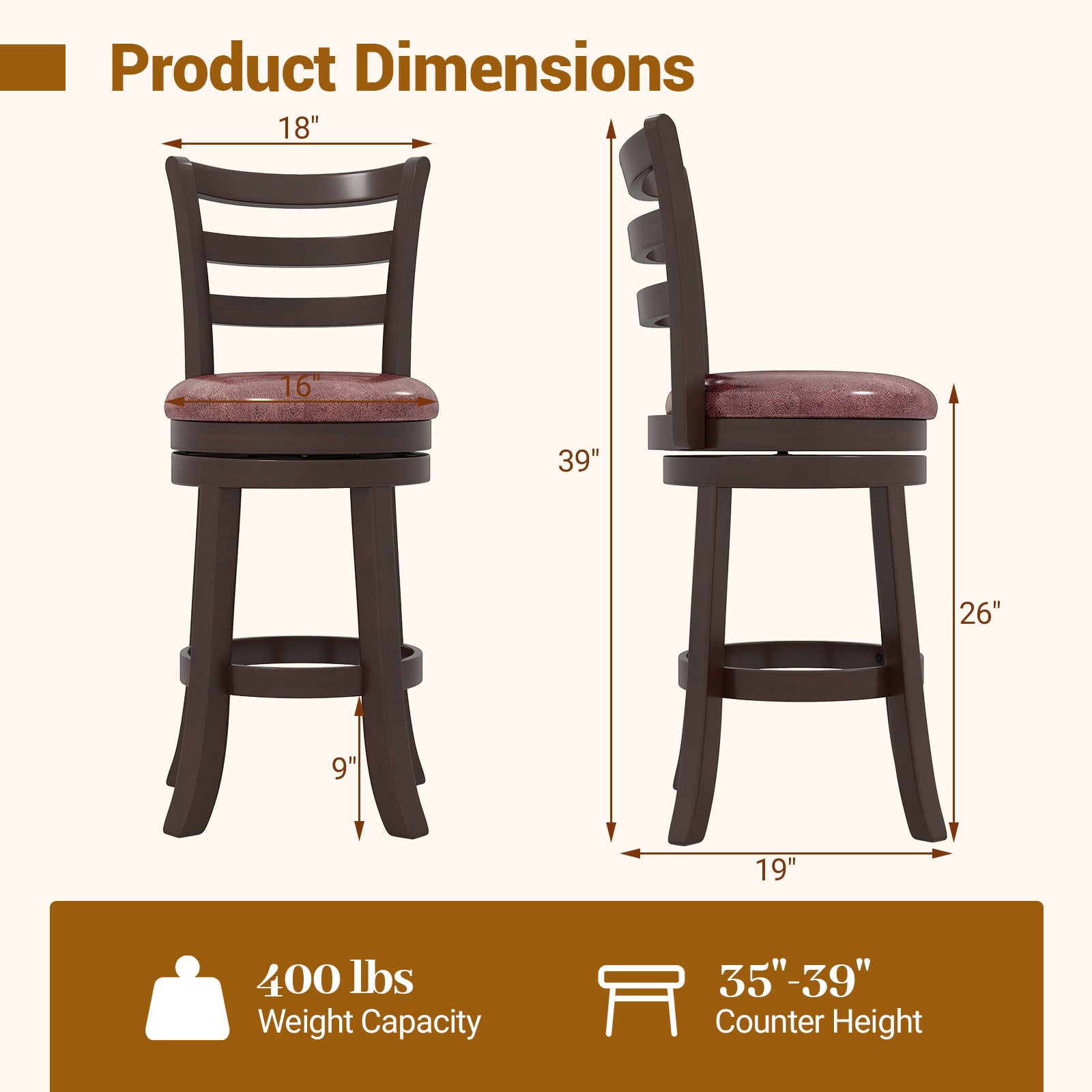 Counter Height Swivel Barstools Set of 2 with Faux Leather Seat and Wrap-around Footrest-24 Bar Stools at Gallery Canada