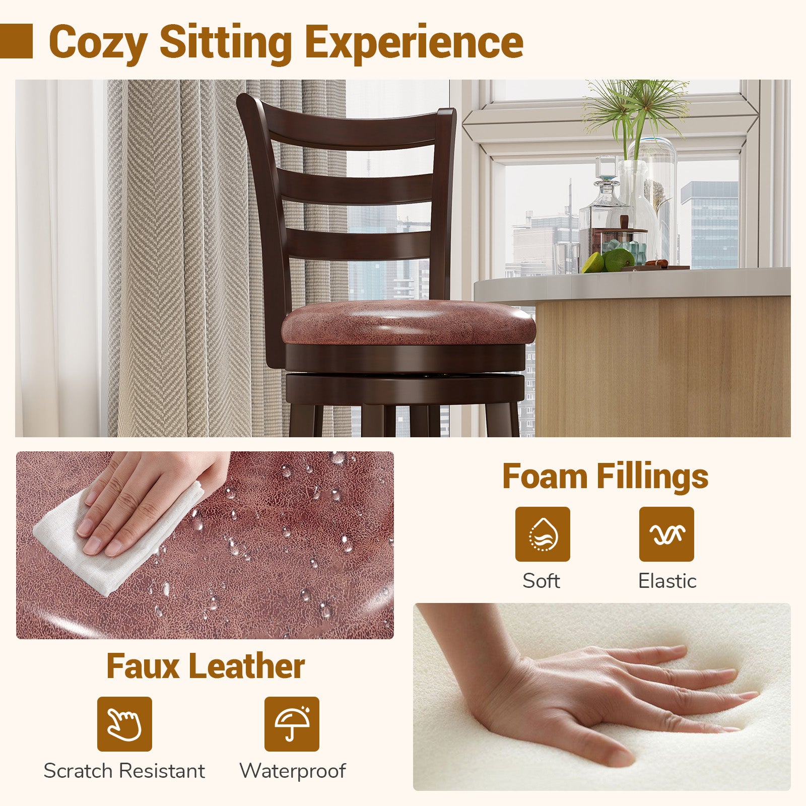 Counter Height Swivel Barstools Set of 2 with Faux Leather Seat and Wrap-around Footrest-24 Bar Stools at Gallery Canada